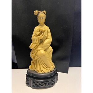 Vintage Chinese Resin Lady Figurine 8" Guanyin Style Woman Flower Marked Base